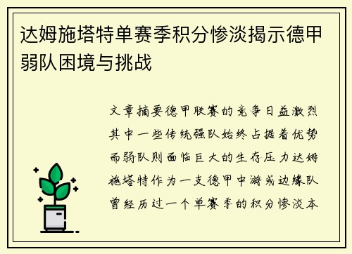 达姆施塔特单赛季积分惨淡揭示德甲弱队困境与挑战 达姆施塔特单赛季积分惨淡揭示德甲弱队困境与挑战
