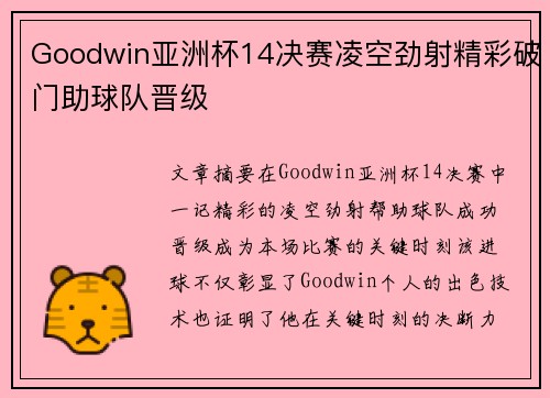 Goodwin亚洲杯14决赛凌空劲射精彩破门助球队晋级